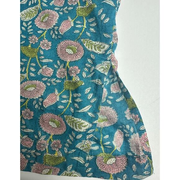 Natural Life Size M Boho 70s Block Print Button Down Shirt Blue Floral Vines - Picture 8 of 9